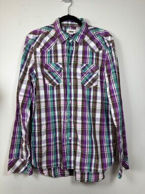Diesel Purple Green White Plaid Button-Down Shirt Oxford Gingham XL